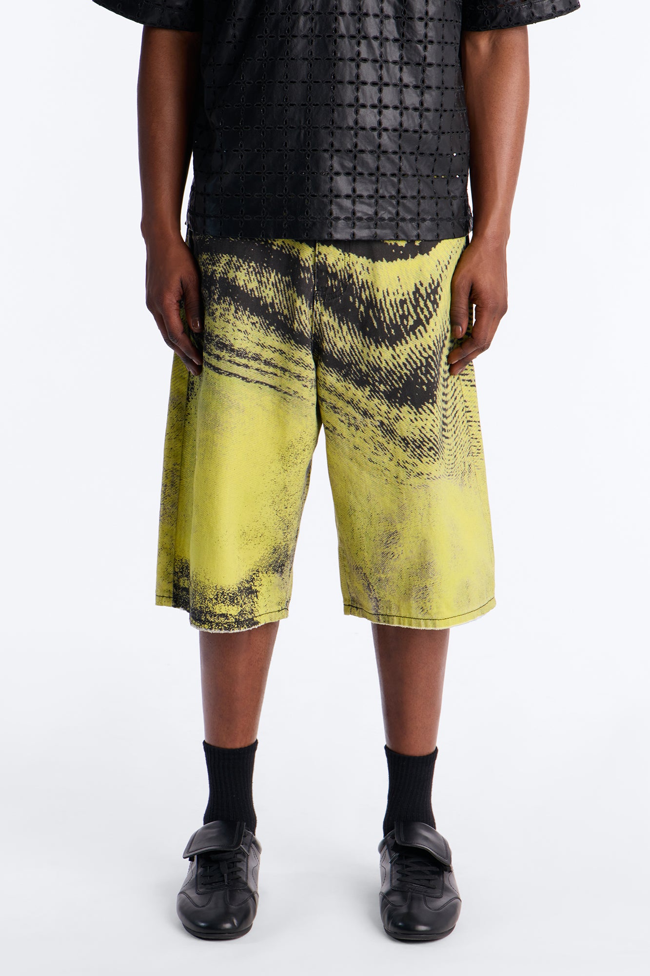 Baggy All The Wavez Printed Denim Shorts - Neon Yellow