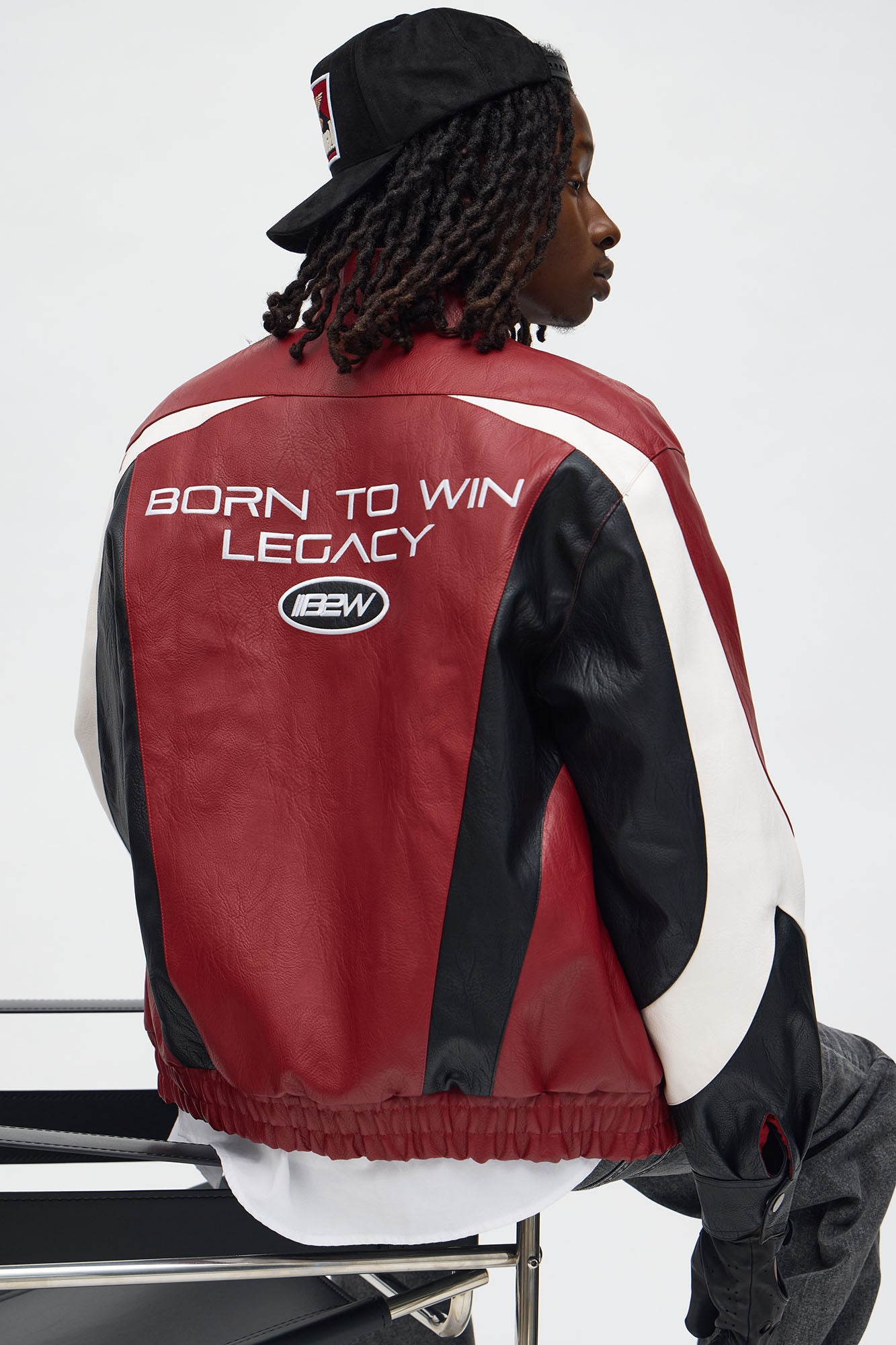 Colorblock Racer Faux Leather Bomber Jacket in Burgundy