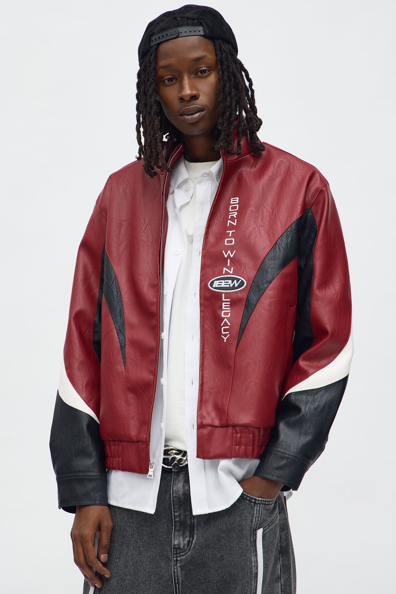 Colorblock Racer Faux Leather Bomber Jacket in Burgundy
