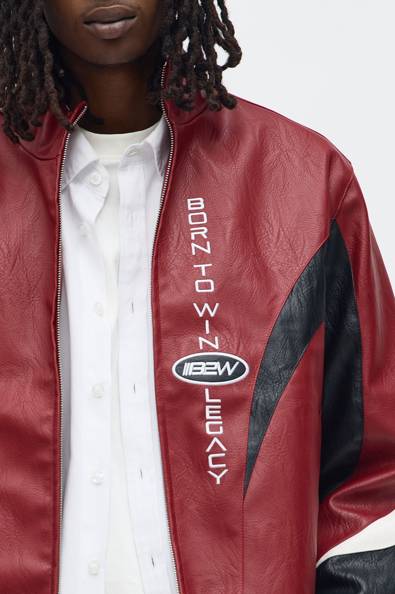 Colorblock Racer Faux Leather Bomber Jacket in Burgundy