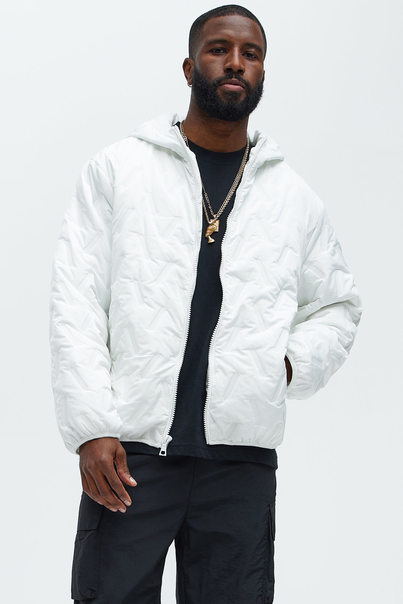 Everett Hooded Lightweight Puffer Jacket White - Water-Repellent Nylon, Slim Fit