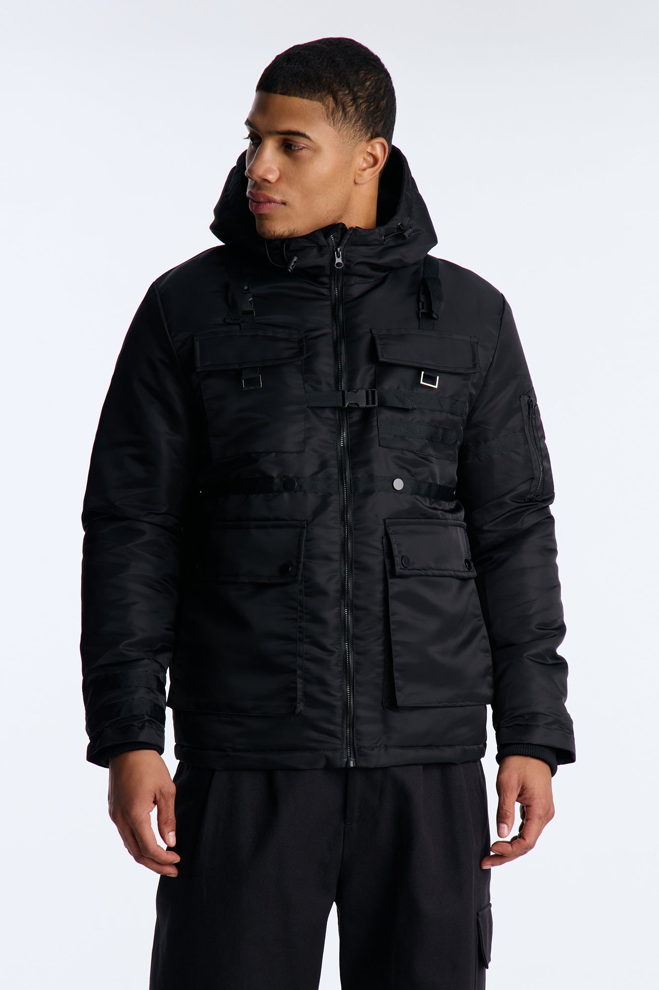 Hooded Chaos Utility Bomber Jacket - Black, Men's Outdoor Activewear