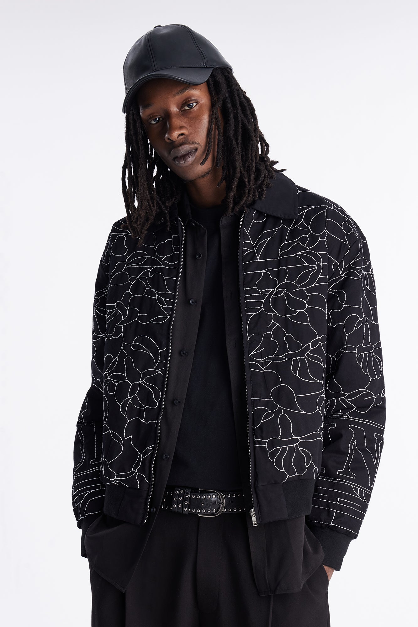 In Bloom Contrast Stitched Bomber Jacket - Black