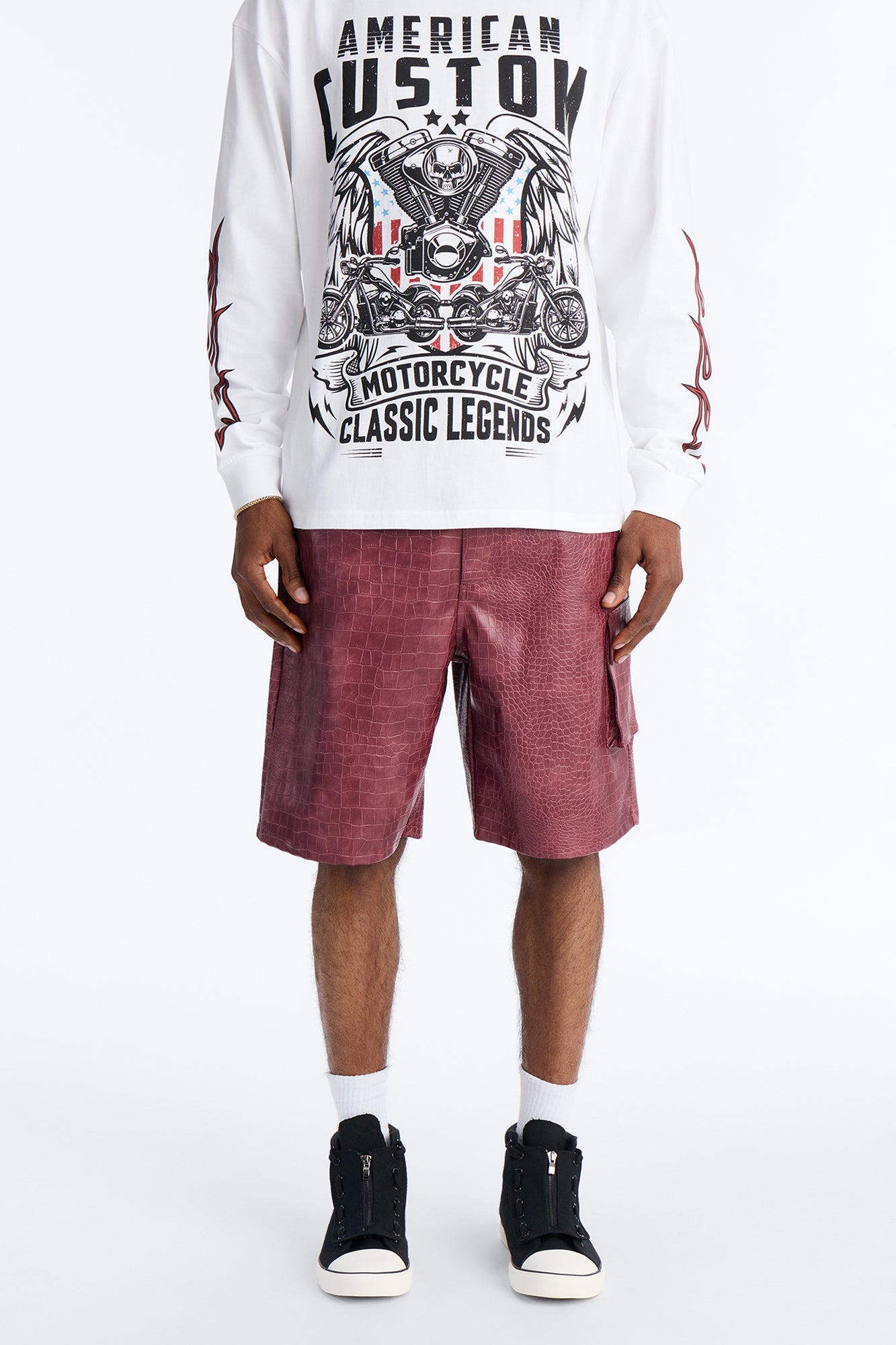 Relaxed Freedom Lane Faux Leather Croc Short Burgundy