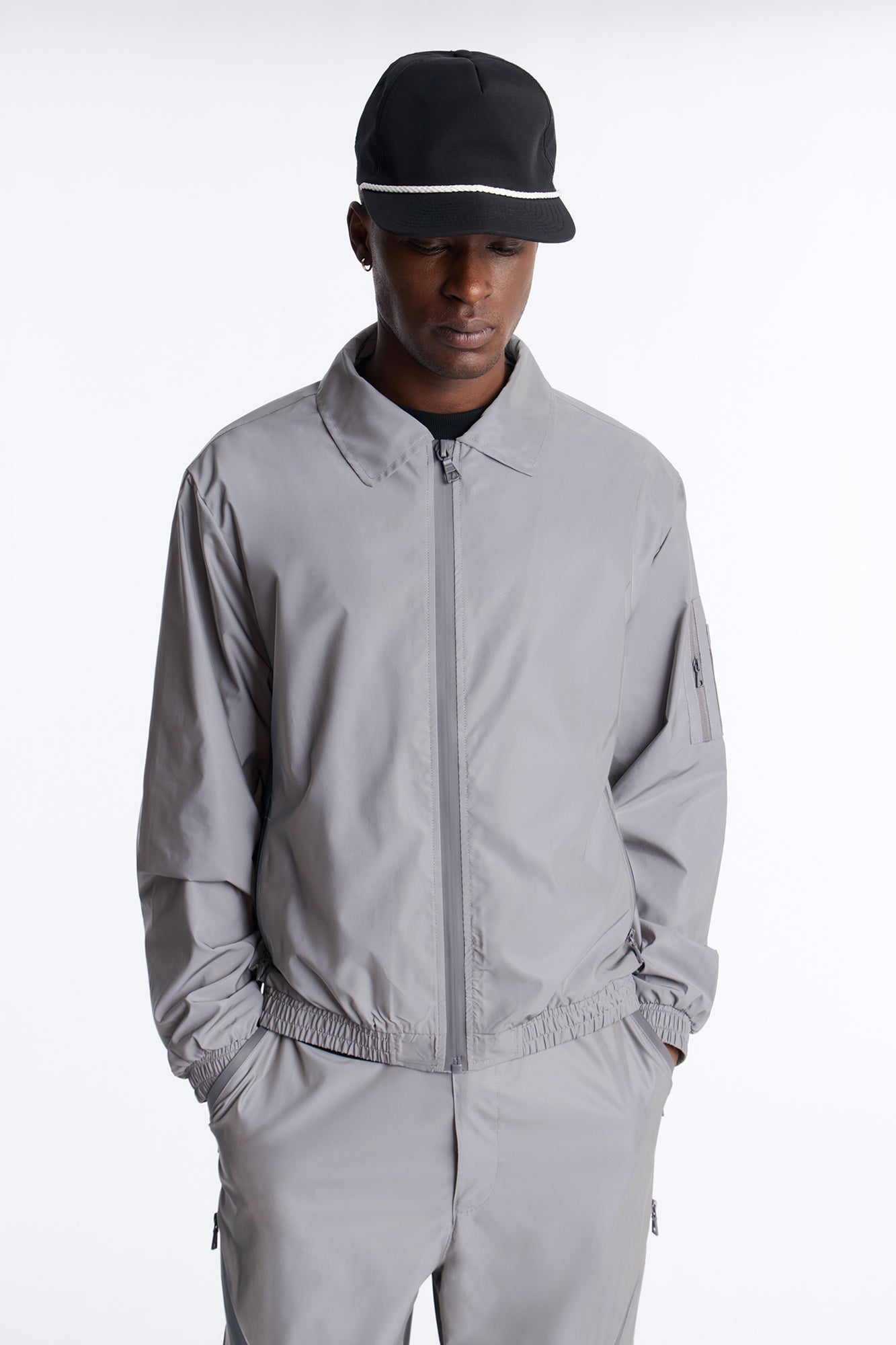 Silver Cropped Relaxed Reflective Zip Bomber Jacket